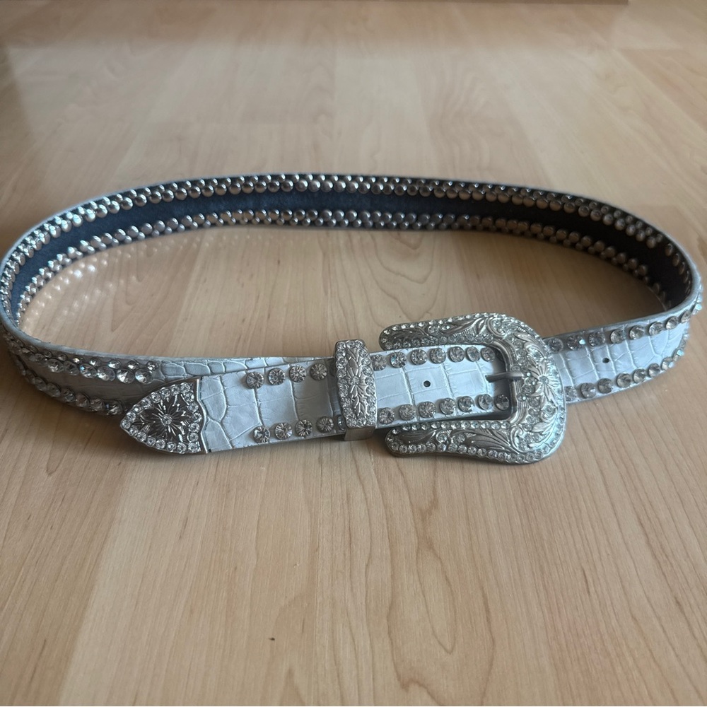 Women’s Beige Leather Belt, Western Bling Rhinestone Cowgirl Rodeo, Est. Size M